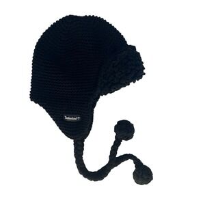 Timberland Black Knit Icelandic Trapper Hat Sherpa Lined Ear Flaps Pompoms OS